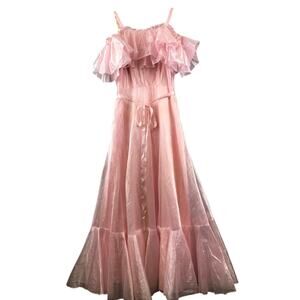 JC Penney Pink Chiffon Dress Lace trim high neck Size 5-6 Vintage 1970s